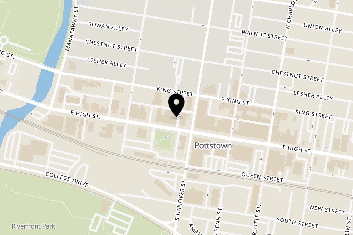 Map showing the location of Fire Birdz Hot Chicken on 149 E High St in Pottstown